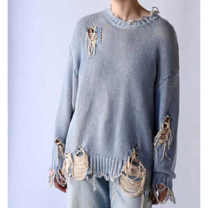 R13 Denim Blue Distressed Oversize Sweater in Printed Denim Blue Size S